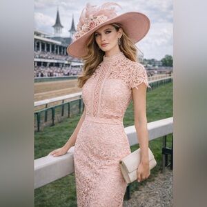 Just Me Dusty Blush Pink Lace Midi DRESS- Kentucky Derby